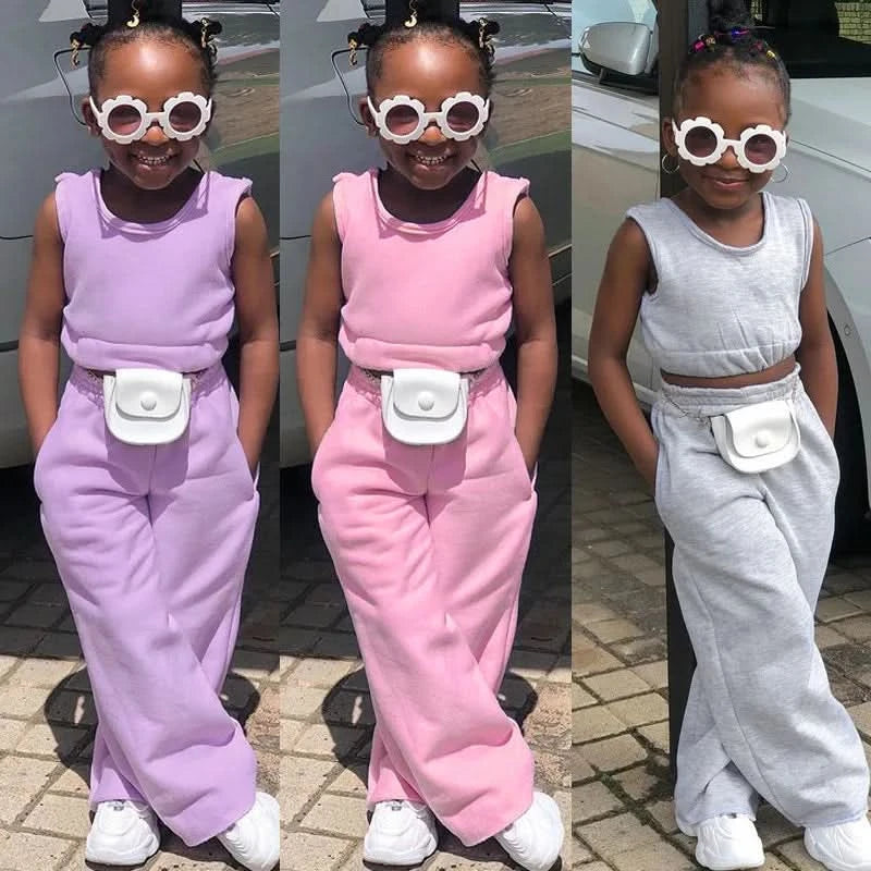 Fashion Kids Little Girls Clothing 2 Pieces Sets Cotton Solid Casual T-shirt+Elastic Waist Pants Young Children Outfits 1-6Y - M & M Global