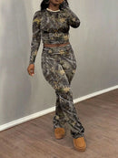 2025 Women's Sexy 2 Piece Outfit Long Sleeve Crop Top & Pants Set Clubwear Night Out Party Bodycon Matching Set