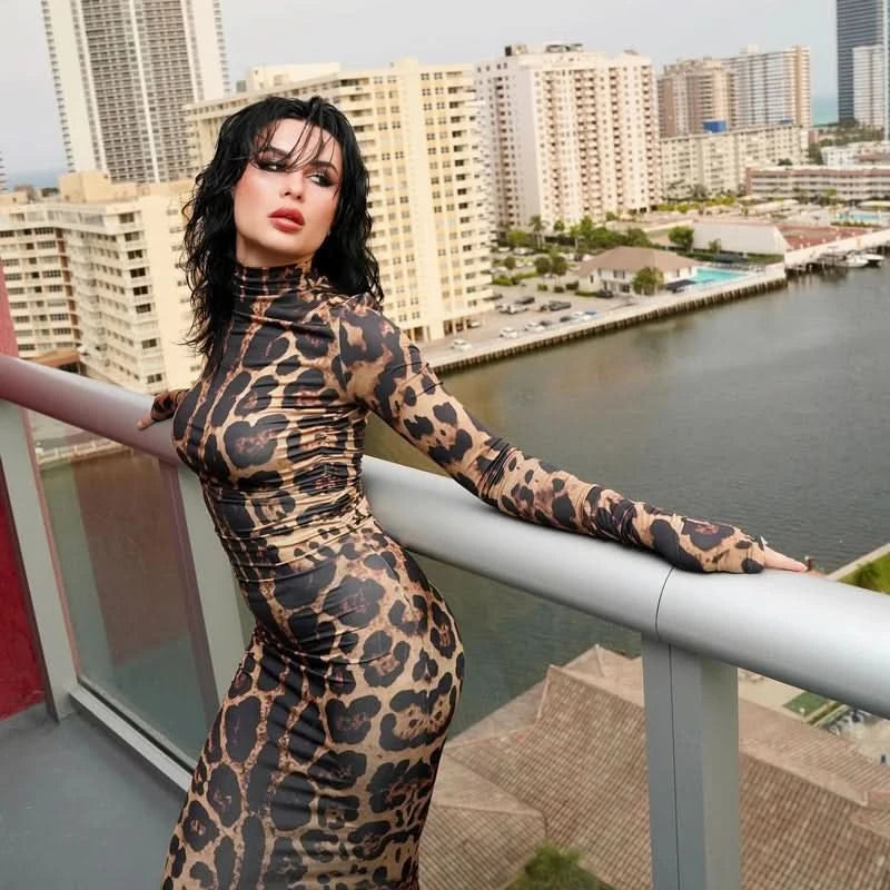 Print Leopard Print Slim Long Dress Women's Fashion Long Sleeve Sexy Party Dress Summer Street Leopard Print Long Dress 2024 New - M & M Global