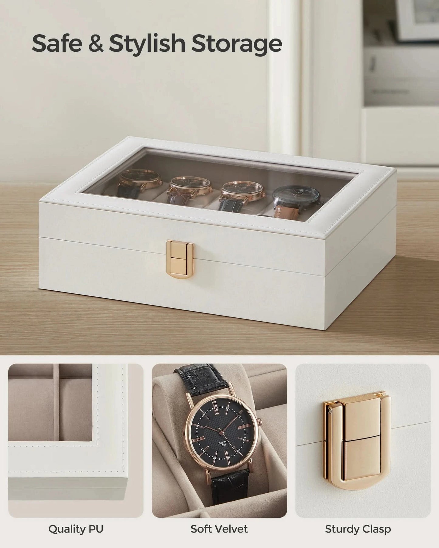 SONGMICS Watch Box, 10-Slot Watch Case with Large Glass Lid, Removable Watch Pillows, Watch Box Organizer, Gift for Loved Ones - M & M Global