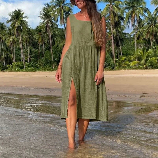 Newly 100% Cotton Gauze Dress For Women 2023 Square Collar Sleeveless Open Side Long Dress Summer Comfortable Beach Outfit - M & M Global