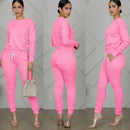 New round Neck Long Sleeve Slim Fit Warm Top Elastic Waistband Lace-up Trousers Simple Solid Color Sports Two-Piece Set