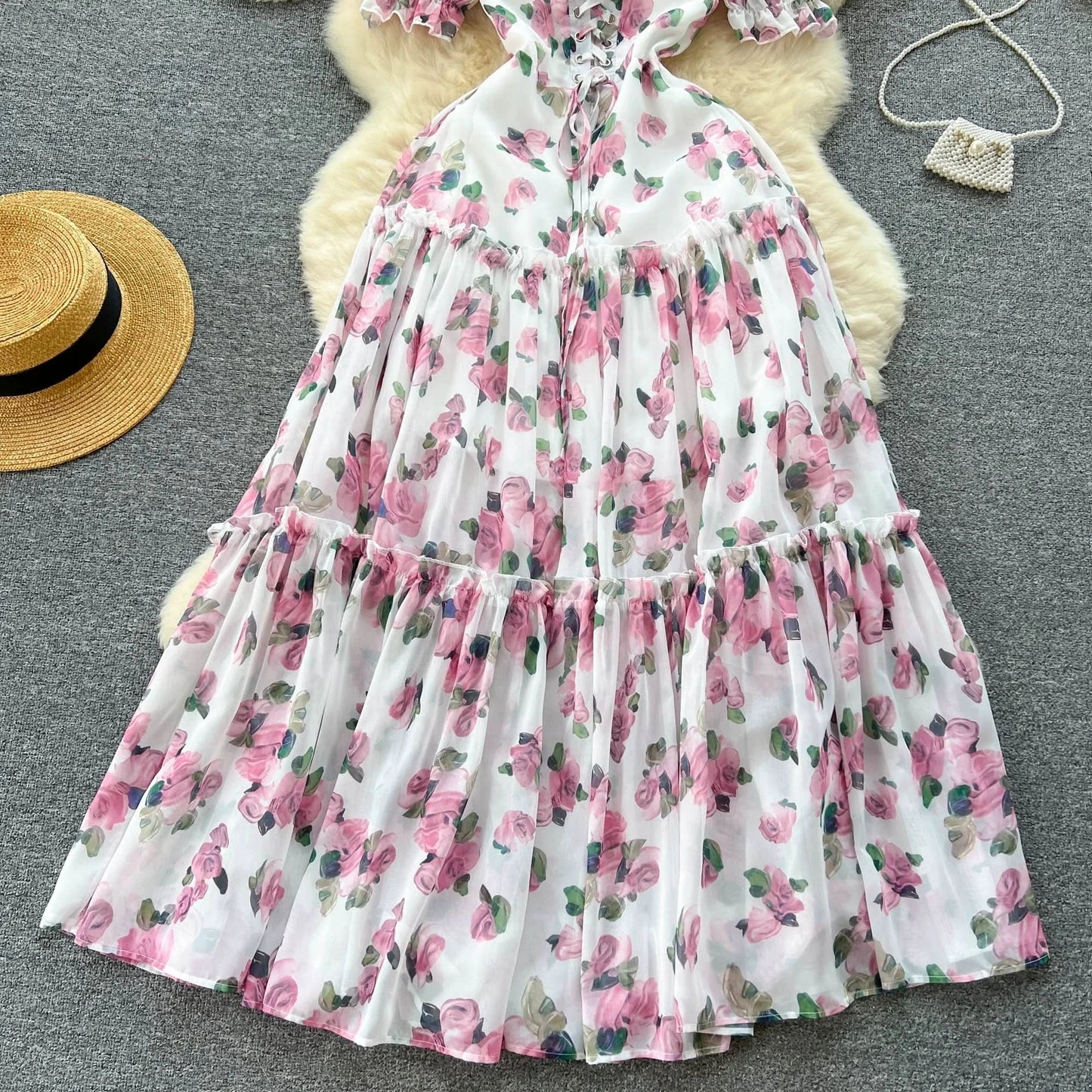SINGREINY Beach Vacation Floral Print Dress Women Backless Lace Up Cross Bandage Ruched Korean Hotsweet Fashion Party Long Dress - M & M Global