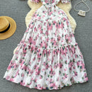 SINGREINY Beach Vacation Floral Print Dress Women Backless Lace Up Cross Bandage Ruched Korean Hotsweet Fashion Party Long Dress - M & M Global