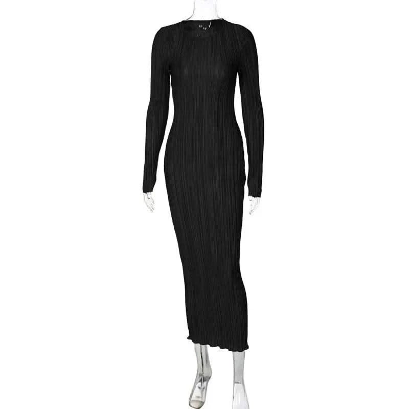 Dulzura Women 2024 Spring Autumn Fashion Long Sleeve Streetwear Bodycon Black Long Dress Wholesale Items For Business - M & M Global