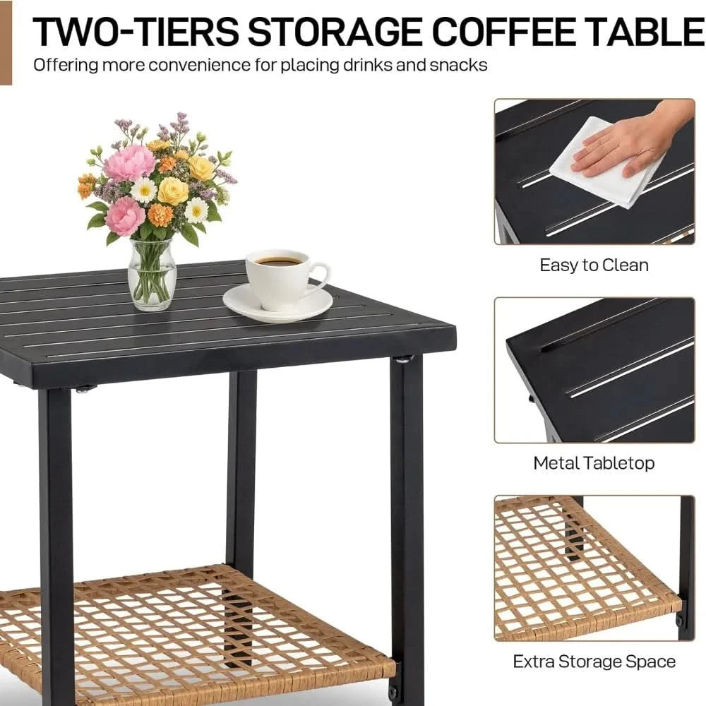 3-Piece Outdoor Rocking Bistro Set, Patio Furniture Set w/Soft Thick Cushions & 2-Tier Coffee Table, Rattan Conversation