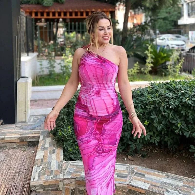 CUTENOVA Sexy Slash Collar Gradient Print Long Dress Summer Chic One-Shoulder Backless Party Dresses Sleeveless Hollow Slim Fit - M & M Global