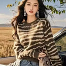 Autumn and Winter Pullover Round Neck Long-sleeved Striped Sweater for Women Retro Versatile Fashionable Casual Top