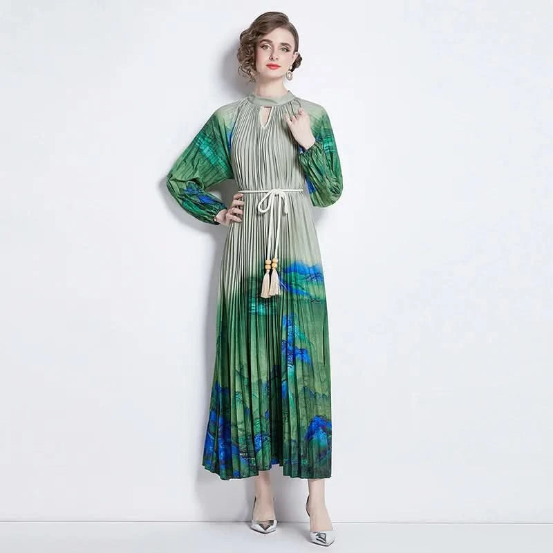 Spring Holiday Print Long Dress For Women Fashion Loose Lantern Sleeve Party Robe Female Big Swing Tassels Belt Pleated Clothes - M & M Global