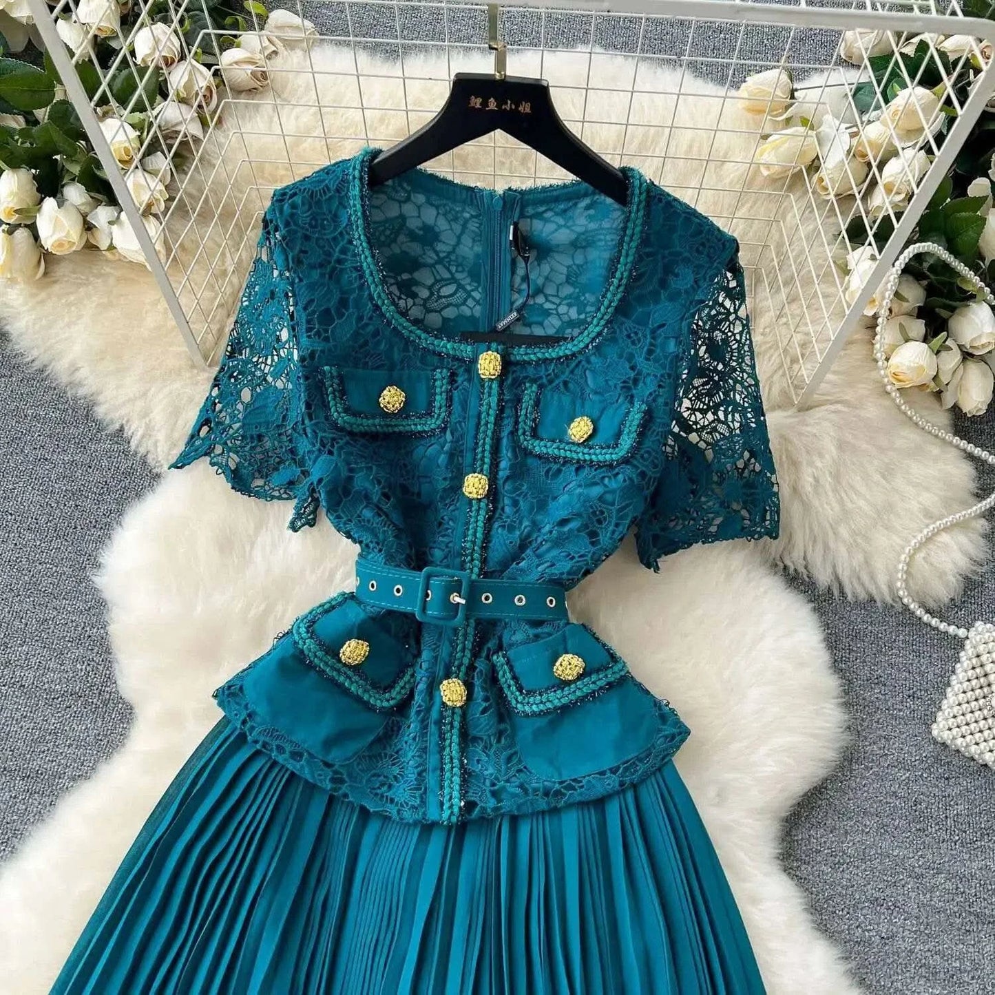 Designer 2025 Summer Pleated Chiffon Lace Long Dress Women Flower Embroidery Gold Button Belt Evening Party Dresses Wedding Robe - M & M Global