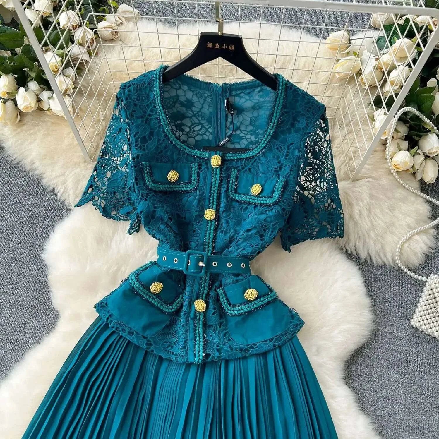 Designer 2025 Summer Pleated Chiffon Lace Long Dress Women Flower Embroidery Gold Button Belt Evening Party Dresses Wedding Robe - M & M Global