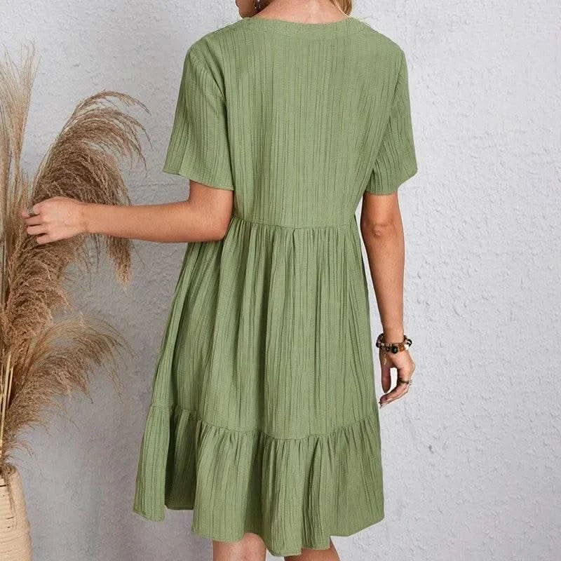 2025 Loose V-neck Short Sleeved Pleated Women Dress Solid Color A-line Beach Dresses Elegant Simple Comfortable Woman Clothing - M & M Global