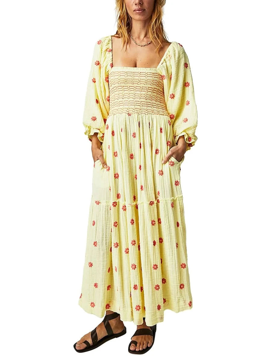 Women's Flower Embroidered Long Dress Bodycon Lantern Sleeve Square Neck Tiered Flowy Dress Bohemian Summer Beachwear Dresses - M & M Global