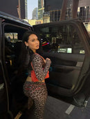 New cross-border INS fashion print trendy street casual leopard print zipper long-sleeved coat and pants set