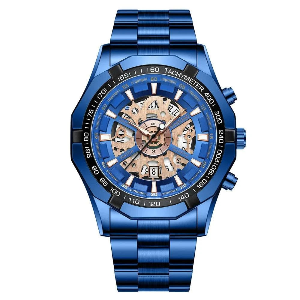 BINBOND Mens Quartz Watches Top Brand Luxury Stainless Steel Waterproof Hollow Out Blue Big Male Wristwatches Relogio Masculino - M & M Global