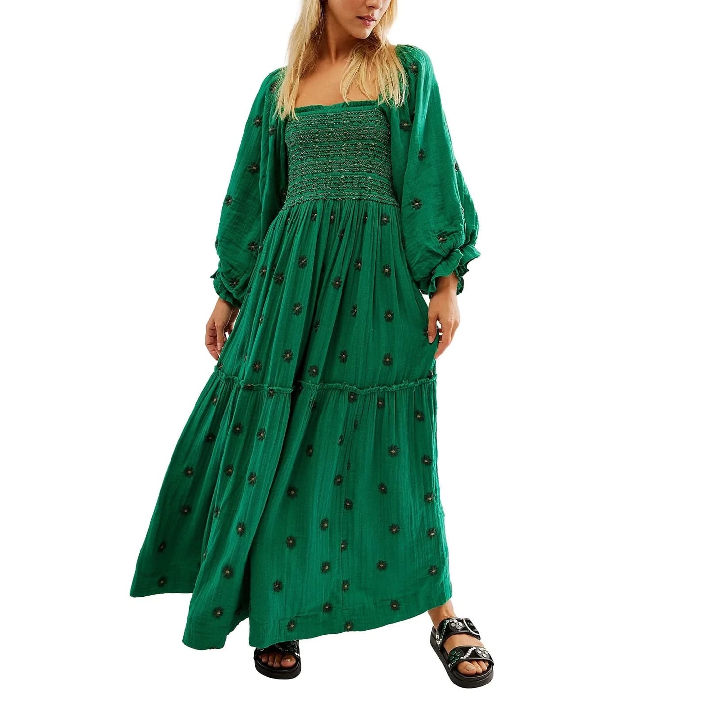 Women's Flower Embroidered Long Dress Bodycon Lantern Sleeve Square Neck Tiered Flowy Dress Bohemian Summer Beachwear Dresses - M & M Global
