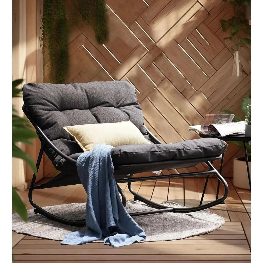 Outdoor Rocking Chair,E-Coated Modern Cozy Lounge Rocker Chair for Both Outdoor Indoor with Puffy Cushion, Patio Rocking Chair