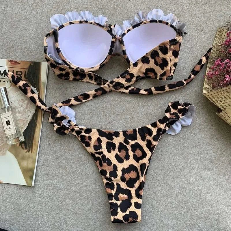 2025 New Summer Swimwear Bikini Set Sexy Leopard Strapless Bikini 2 Piece Set Women Split Swimsuit High Waist Beach Style Bikini - M & M Global