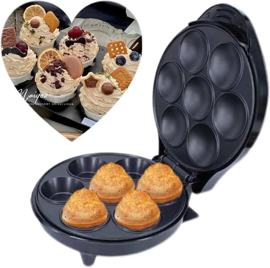 Mini Cupcake Maker, Makes 7 Mini Cakes, Non-Stick Surface, Easy-To-Clean, Perfect for Dessert, Breakfast, or Snacks, 1200W, Blac - M & M Global