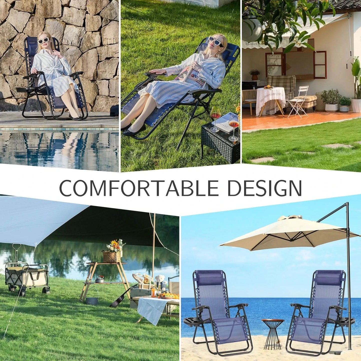 JHK Zero Gravity Set of 2 Portable Recliner Camping Patio Outdoor Garden Lounge Chair with Cup Holder Trays Adjustable Pillow