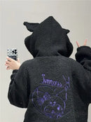 Thickened Loose Hooded Sweatshirt in Black with Embroidery Lambskin Imitation for Autumn And Winter Trendy Streetwear for Girls