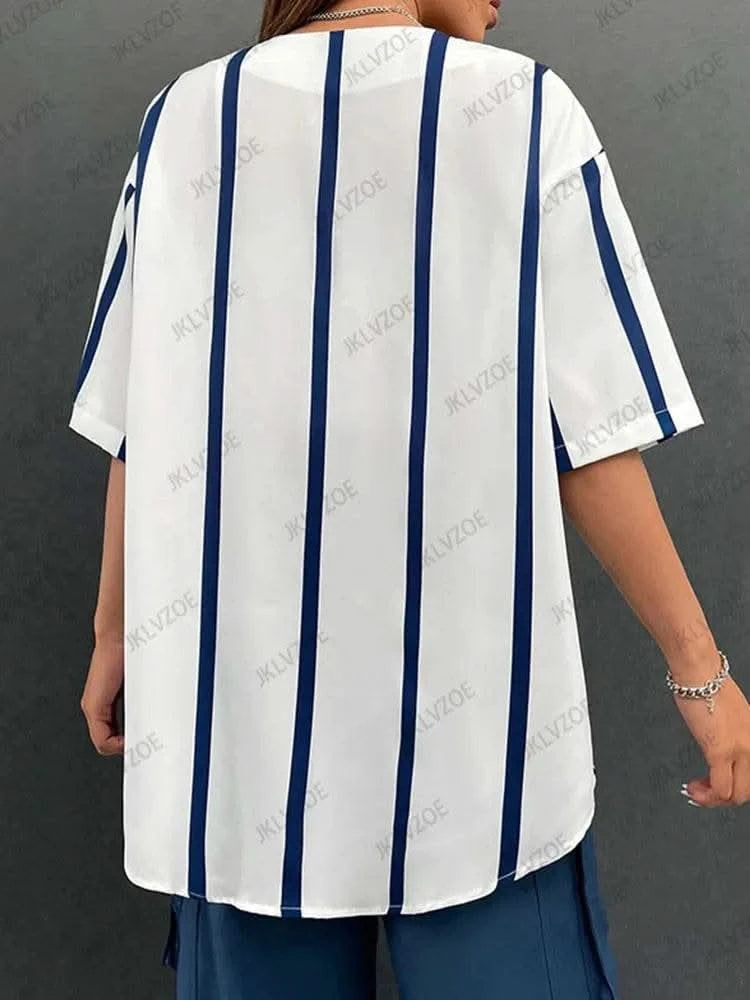 Boston Printed 2024 Summer Oversize Blouse Women Streetwear Baseball Shirt Cool Hip Hop America Half Sleeve Button Up Tops - M & M Global