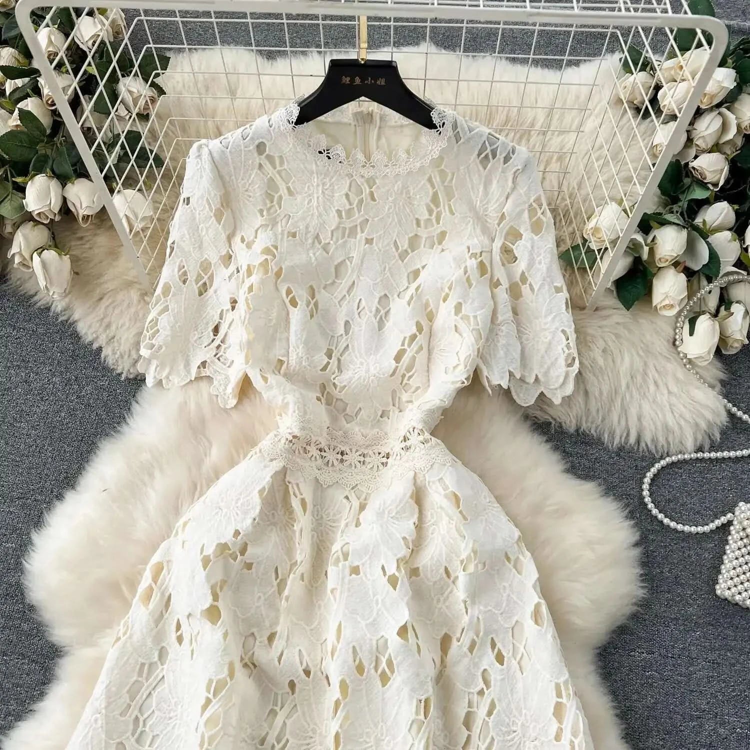 Elegant Flower Embroidery Lace Hollow Out Midi Dresses Women's 2025 Summer O Neck Short Sleeve Casual Long Dress Party Vestidos - M & M Global