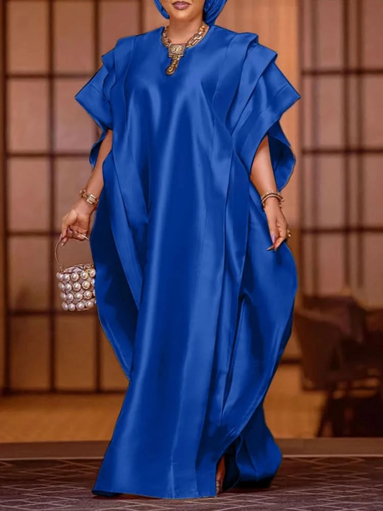 VONDA Plus Size 5XL Elegant Maxi Long Dress 2024 Fashion Satin Dress Sexy Printed Patchwork Bat-wing Sleeve Vestidos Ruffle Robe - M & M Global