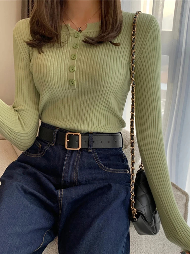 2025 Knitted Women Sweater Button O-neck Pullovers Spring Autumn Basic Sweaters for Female Pullover Slim Solid Bold Stripes Tops