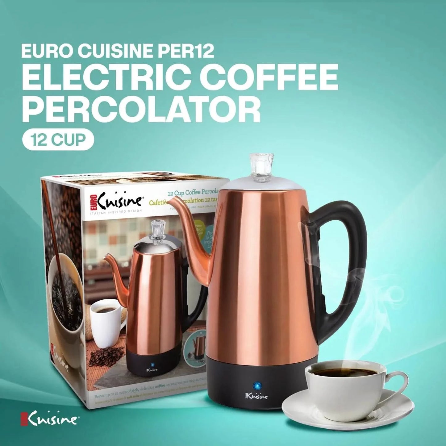 PER12 Stainless Steel Electric Coffee Percolator, 12 Cup, Polished Copper Finish, Dripless Gooseneck Spout, Clear Glass Knob, Br - M & M Global