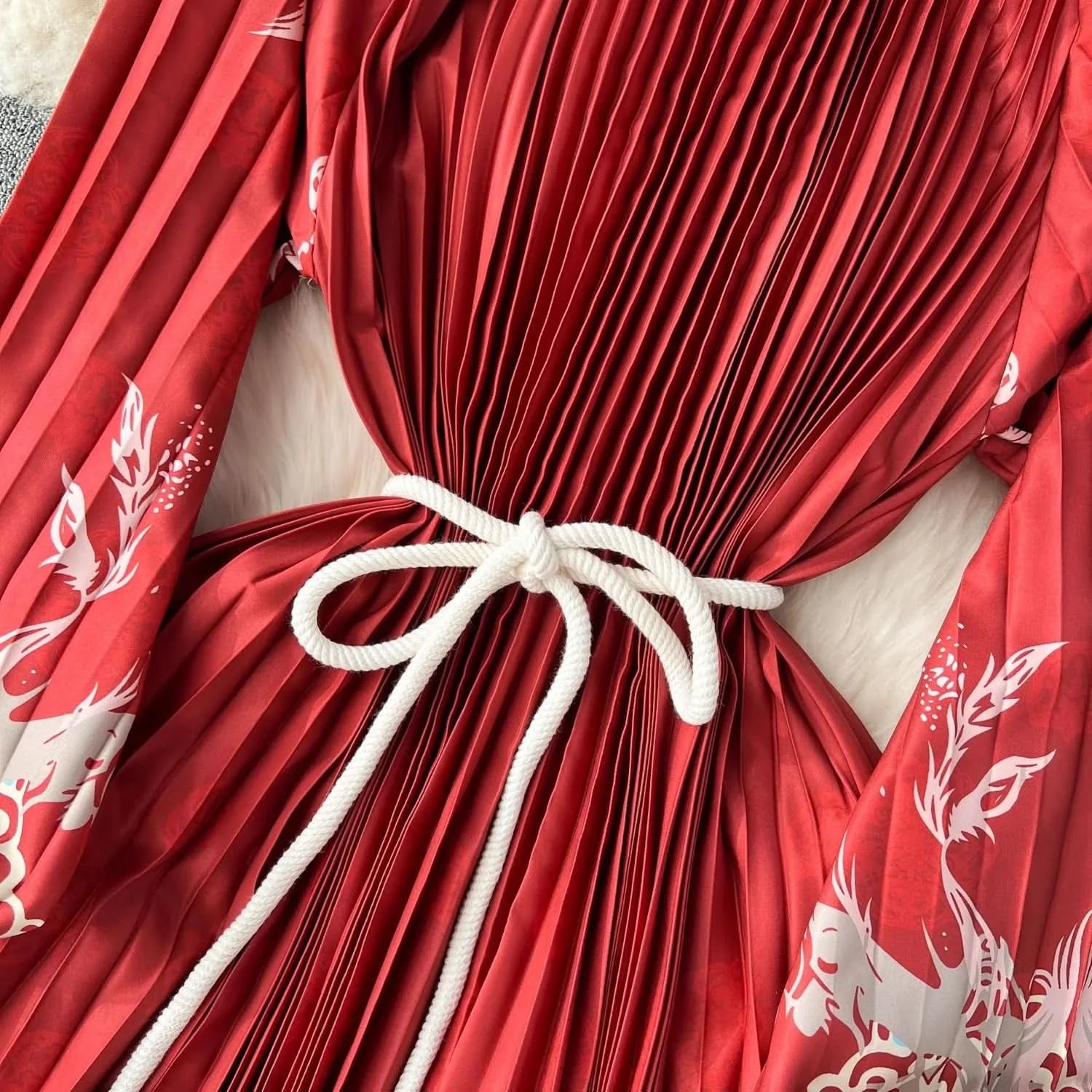 Spring Holiday Print Long Dress For Women Fashion Loose Lantern Sleeve Party Robe Female Big Swing Tassels Belt Pleated Clothes - M & M Global