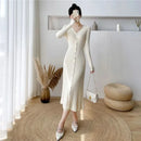 Lucyever Elegant Knitted Long Dress for Women Korean Chic Buttons Slim Fit Midi Dresses Female Streetwear V Neck Party Vestidos - M & M Global