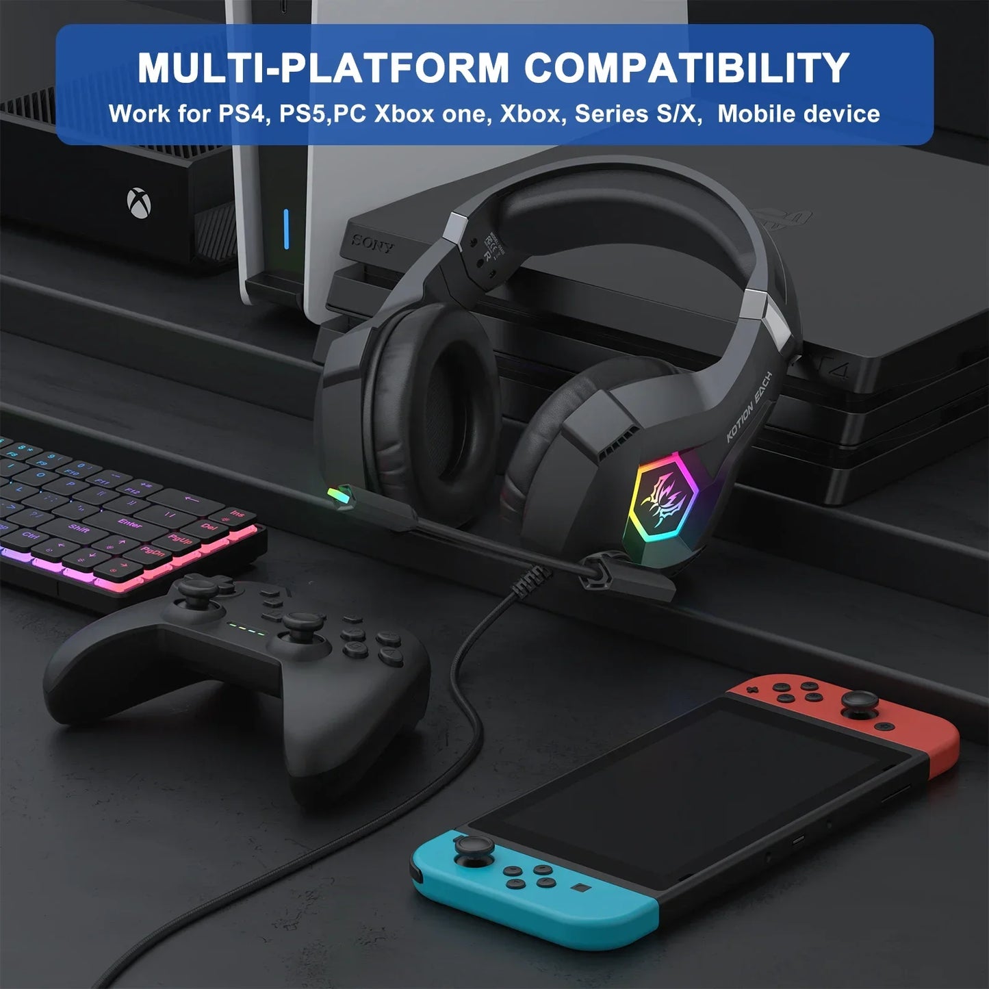 Wired Gaming Headset with Noise Cancelling Mic Compatible With PC PS4 PS5 Xbox Surround Sound RGB Light Over Ear Design