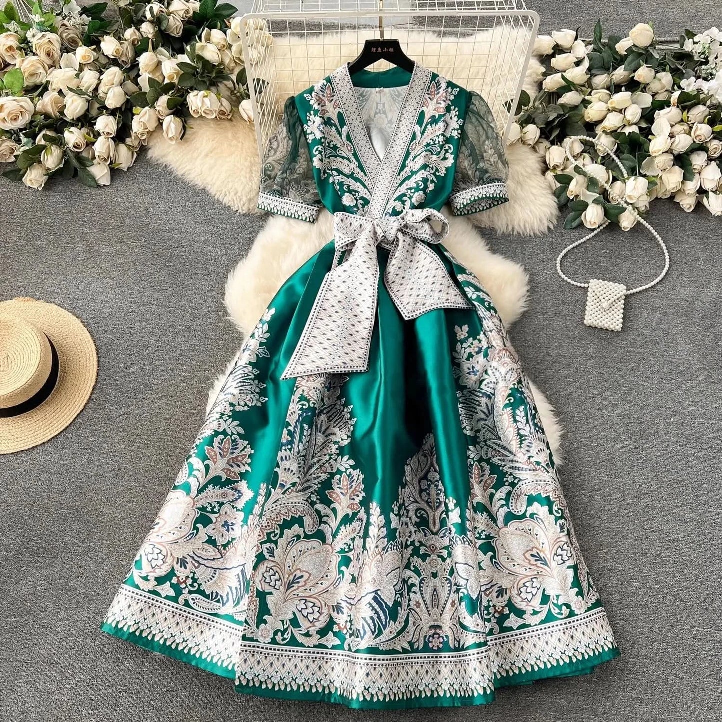 Summer Bohemian Paisley Print Long Dress Women V-Neck Short Puff Sleeve Vintage Print Bandage Lace Up Robe Vestidos Clothes 6237 - M & M Global