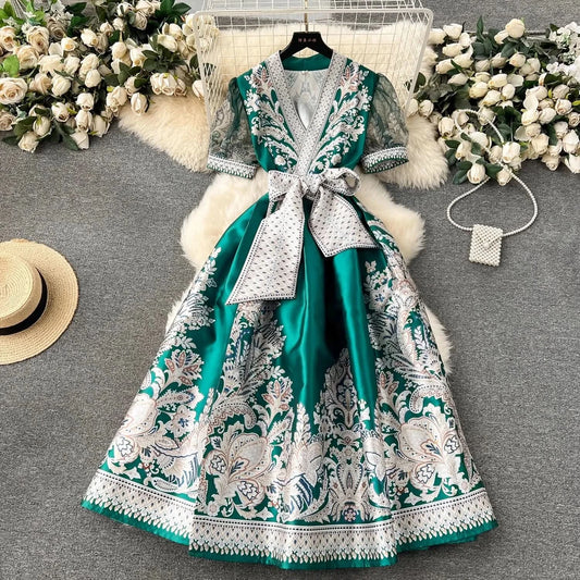 Summer Bohemian Paisley Print Long Dress Women V-Neck Short Puff Sleeve Vintage Print Bandage Lace Up Robe Vestidos Clothes 6237 - M & M Global