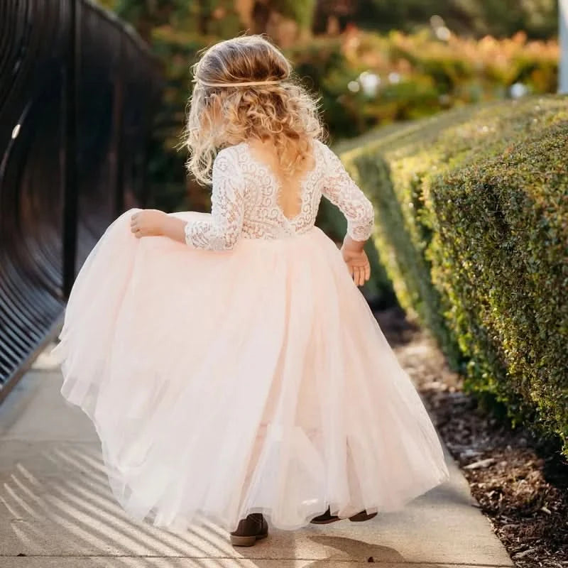 New Summer Elegant Flower Girl White Wedding Lace white girl long dress Sleeve Mesh Girl Princess Dress backless girls aged 8-12 - M & M Global