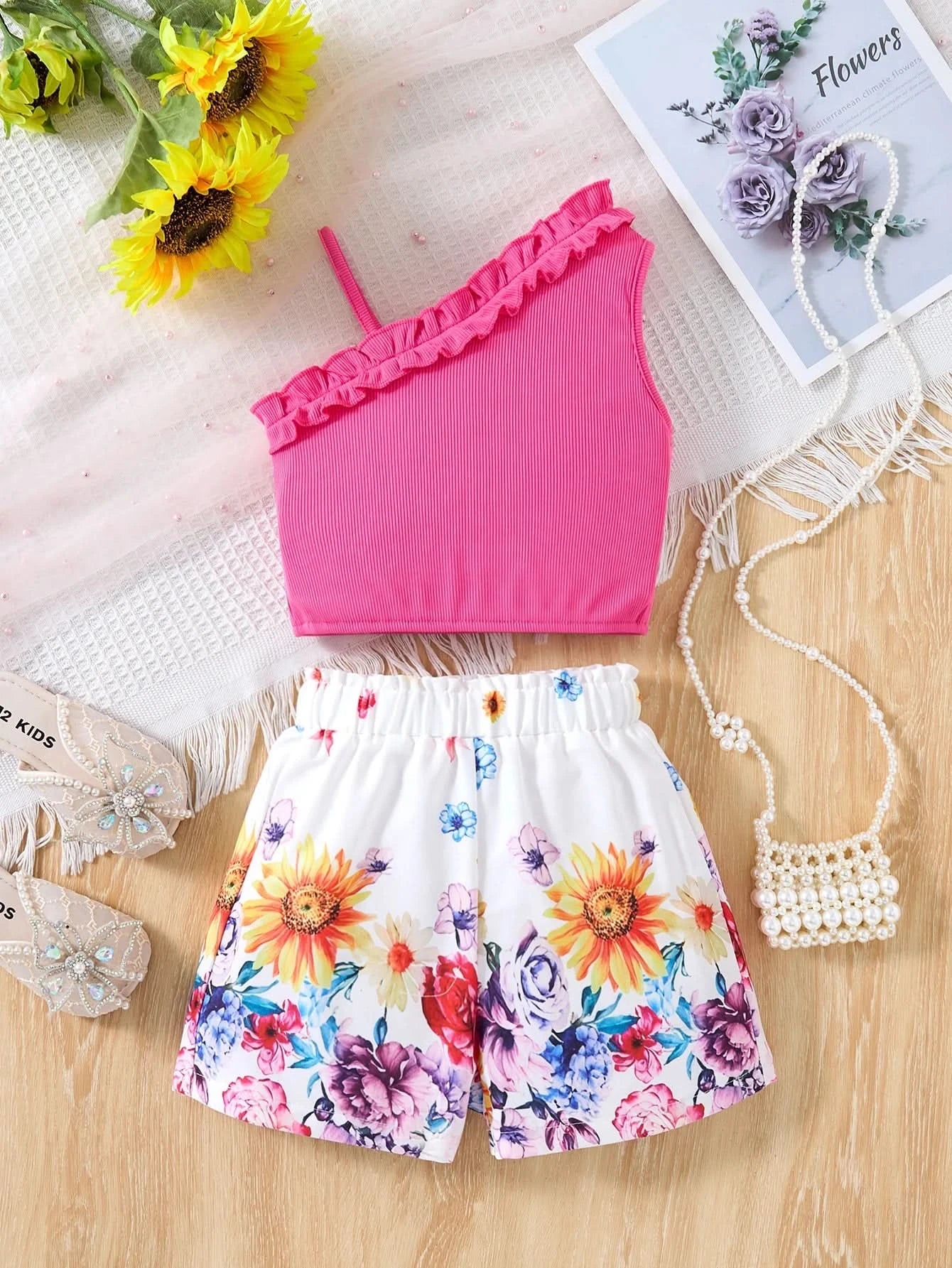 Girls Children Fashion Suit One Shoulder Top & Shorts Printed Floral Girl Summer Suspender Set Birthday Gift Fashion Suits - M & M Global