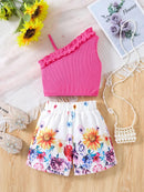 Girls Children Fashion Suit One Shoulder Top & Shorts Printed Floral Girl Summer Suspender Set Birthday Gift Fashion Suits - M & M Global