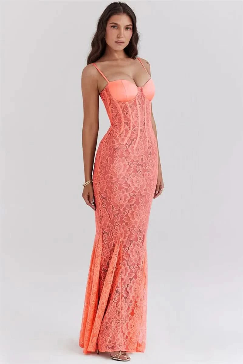 Mozision Floral Lace Sexy Maxi Dress For Women Orange Spaghetti Strap Sleeveless Backless Bodycon Club Party Long Dress Elegant - M & M Global