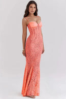 Mozision Floral Lace Sexy Maxi Dress For Women Orange Spaghetti Strap Sleeveless Backless Bodycon Club Party Long Dress Elegant - M & M Global