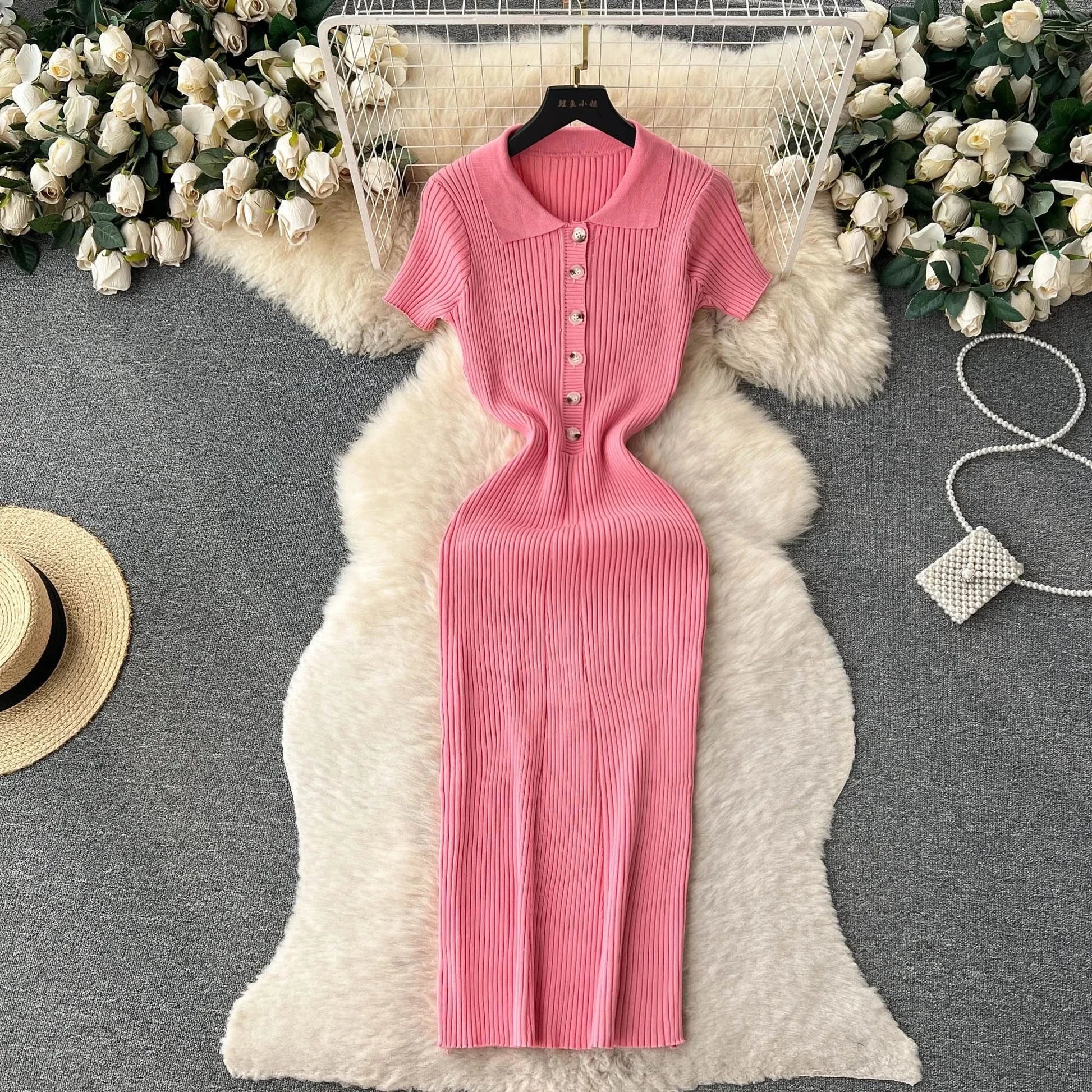Summer Elastic Women Solid Knit Dress Summer Rose Red Retro Loose Sundress Sets 2024 bodycon Streetwear Sheer Beach Long Dress - M & M Global