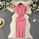Summer Elastic Women Solid Knit Dress Summer Rose Red Retro Loose Sundress Sets 2024 bodycon Streetwear Sheer Beach Long Dress - M & M Global