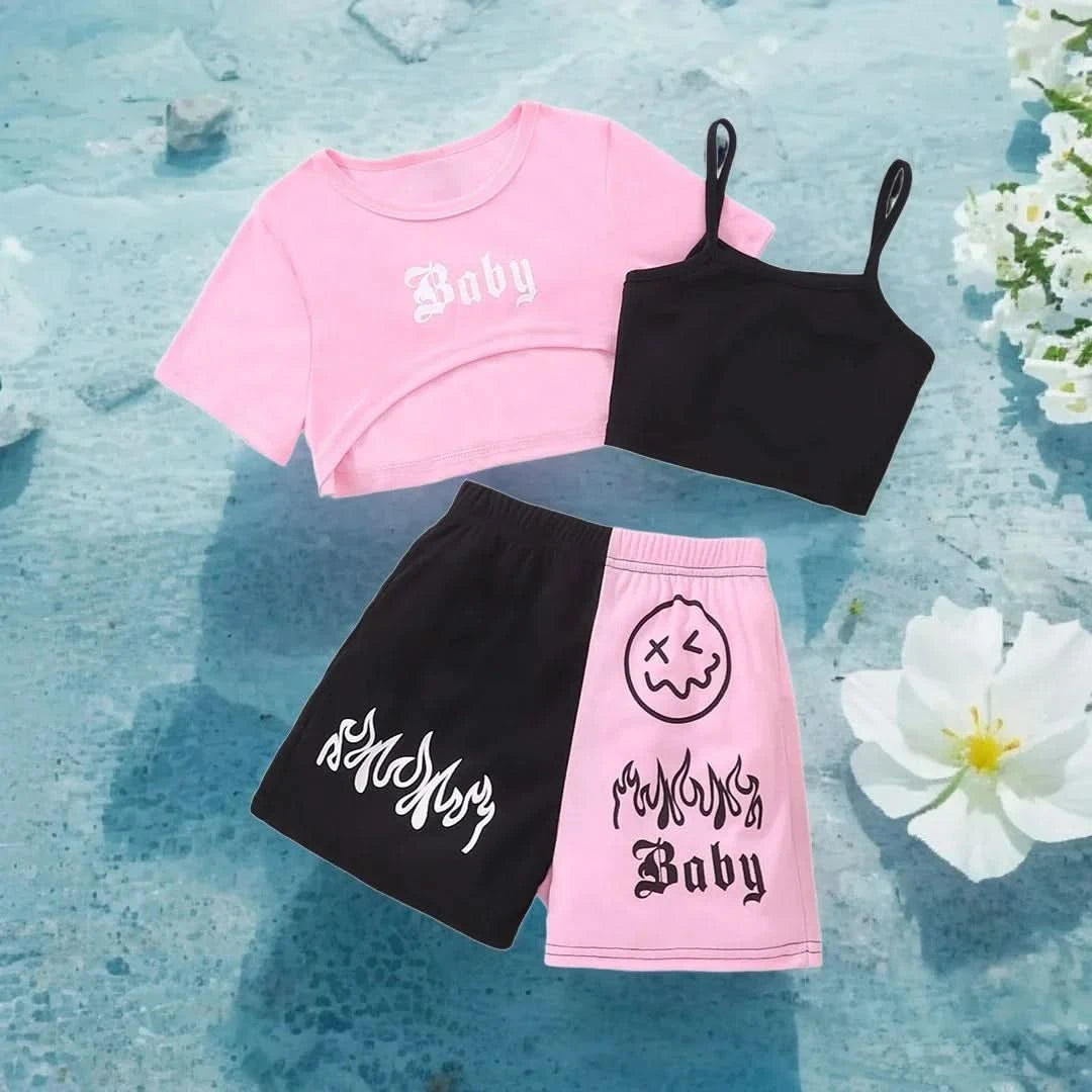 New Kids Girls Clothing Set Summer Short Sleeve Fashion Three Piece Girls Suit Color Block Children Outfits Girls Clothes 8-12Y - M & M Global