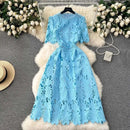 Elegant Flower Embroidery Lace Hollow Out Midi Dresses Women's 2025 Summer O Neck Short Sleeve Casual Long Dress Party Vestidos - M & M Global