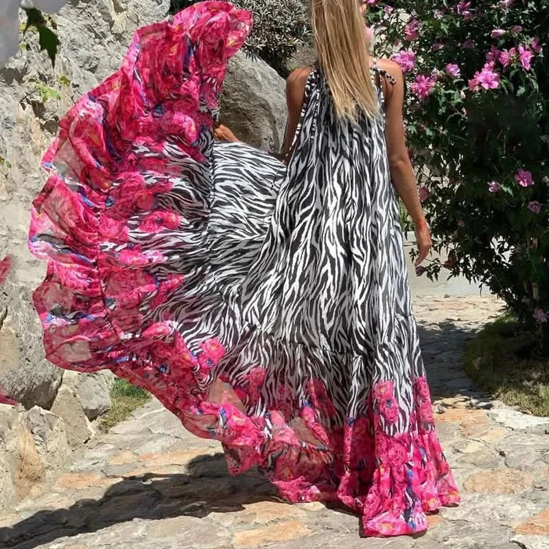 Sexy Summer Party Dress Women Fashion Bow Straps High Waist Pleated Beach Dress Chiffon Casual Floral Print Bohemian Long Dress - M & M Global