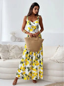Women Clothing Sweet Sling Printed Backless Pleated Dress Spring and Summer Commuter Ruffled Woven Long Dress - M & M Global