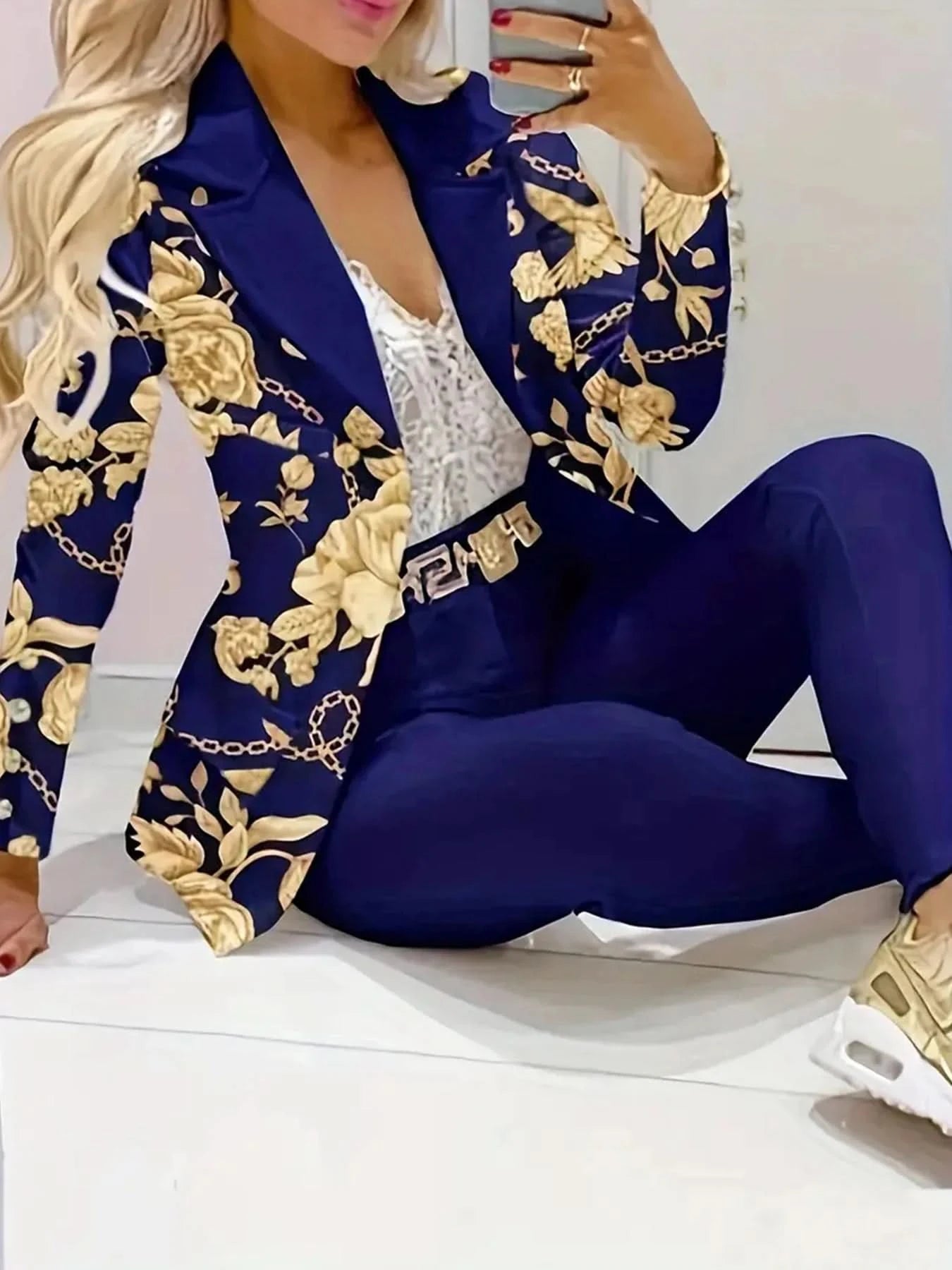 Women's Business and Leisure Two-Piece Suit Set, Solid Color Long Sleeved Double Breasted Suit Jacket and Floral Printed High Wa