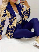 Women's Business and Leisure Two-Piece Suit Set, Solid Color Long Sleeved Double Breasted Suit Jacket and Floral Printed High Wa