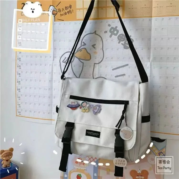 Harajuku Versatile Messenger Bag, Retro Street Crossbody Bag, Student School Canvas Bag,Casual Large Capacity Shoulder Bag - M & M Global