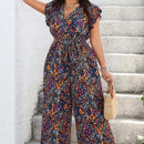 【Plus Size】 Floral Print Tie Shoulder Jumpsuit, Boho Casual Wide Leg Jumpsuit for Vacation Holiday, Women's Plus Clothing for Su